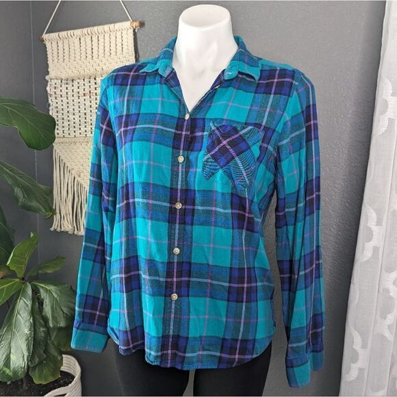 AE AMERICAN EAGLE OUTFITTERS Teal Plaid Button Down - Picture 1 of 10
